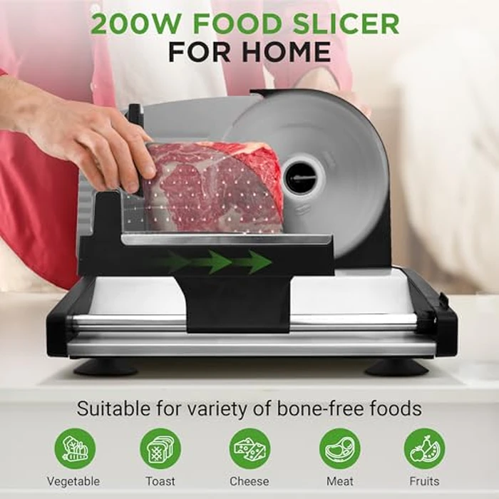 NutriChef Electric Bread & Cheese Slicer - 200W Precision Food Slicer with Adjustable Thickness & Safety Pusher, Ideal for Artisan Bread, Meats, Veggies & Bagels, Sleek Kitchen Cutting Machine by Nutrichef - Image 2
