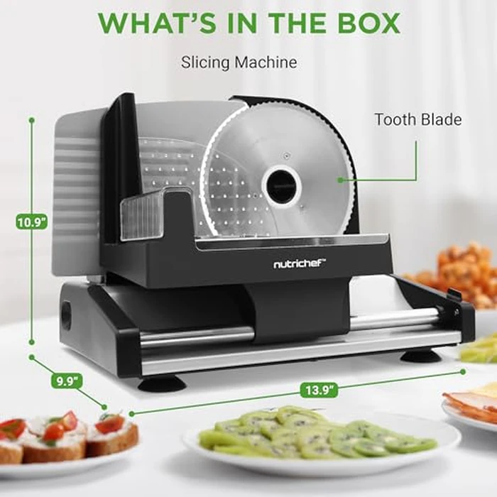 NutriChef Electric Bread & Cheese Slicer - 200W Precision Food Slicer with Adjustable Thickness & Safety Pusher, Ideal for Artisan Bread, Meats, Veggies & Bagels, Sleek Kitchen Cutting Machine by Nutrichef - Image 7