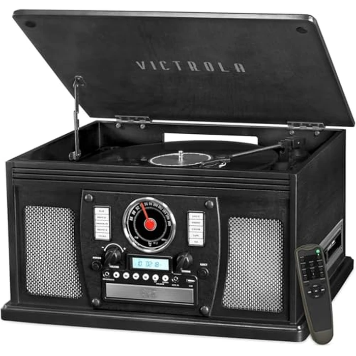 Victrola Navigator 8-in-1 Bluetooth Record Player with Built-in Speakers - 3 Speed Turntable, CD Player, Cassette, FM Radio, USB, RCA Out, Headphone Jack, Wireless Music Streaming, Real Wood (Black) by Victrola - Used - Acceptable condition - US$116.86