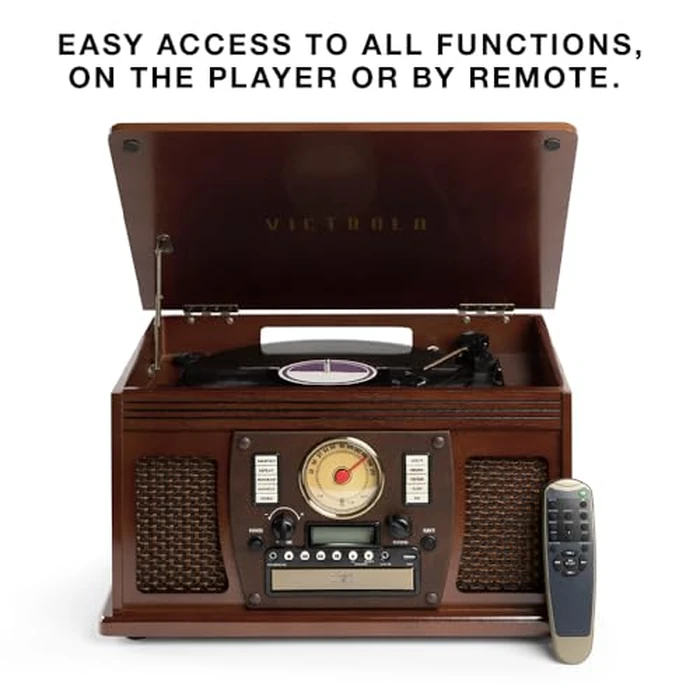 Victrola Navigator 8-in-1 Bluetooth Record Player with Built-in Speakers - 3 Speed Turntable, CD Player, Cassette, FM Radio, USB, RCA Out, Headphone Jack, Wireless Music Streaming, Real Wood (Black) by Victrola - Image 3