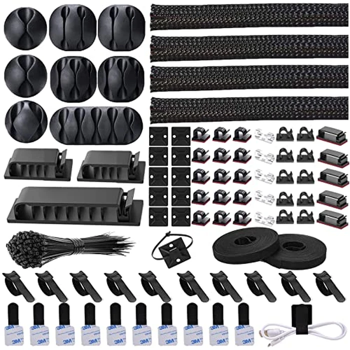 N NOROCME 192 PCS Cable Management Kit 4 Wire Organizer Sleeve,11 Cable Holder,35Cord Clips 10+2 Roll Cable Organizer Straps and 100 Fastening Cable Ties for Computer TV Under Desk, black,clear by N NOROCME - Used - Like New condition