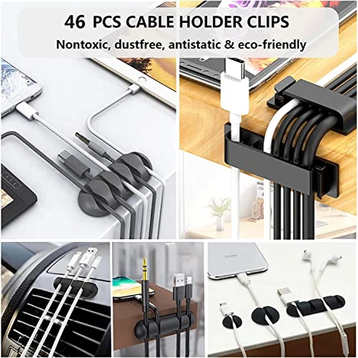 N NOROCME 192 PCS Cable Management Kit 4 Wire Organizer Sleeve,11 Cable Holder,35Cord Clips 10+2 Roll Cable Organizer Straps and 100 Fastening Cable Ties for Computer TV Under Desk, black,clear by N NOROCME - Image 2