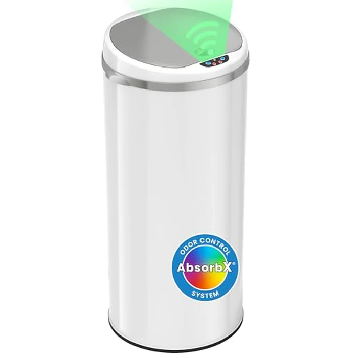 iTouchless 50 Liter / 13 Gallon Sensor Kitchen Trash Can with Odor Filter - Slim Round White Stainless Steel Automatic Garbage Recycling Bin for Home, Office, Business, Garage by iTouchless - Used - Acceptable condition - US$52.98