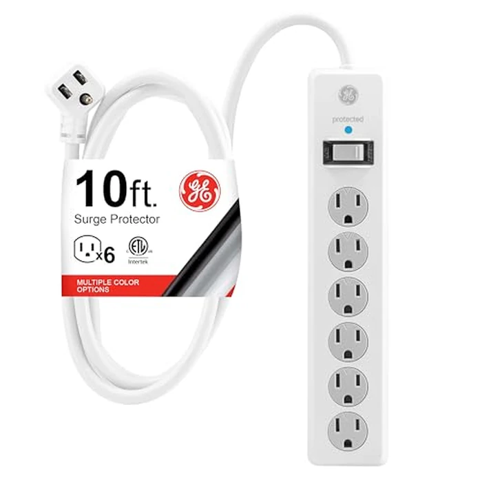 GE Surge Protector Power Strip, 10 Ft Extension Cord, 6 Outlet Extender, 800 Joules, Flat Plug, Twist-to-Close Safety Covers, ETL Listed, White, 14092 by GE - Image 1
