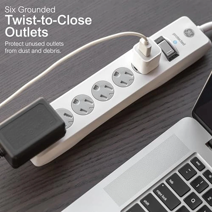 GE Surge Protector Power Strip, 10 Ft Extension Cord, 6 Outlet Extender, 800 Joules, Flat Plug, Twist-to-Close Safety Covers, ETL Listed, White, 14092 by GE - Image 2