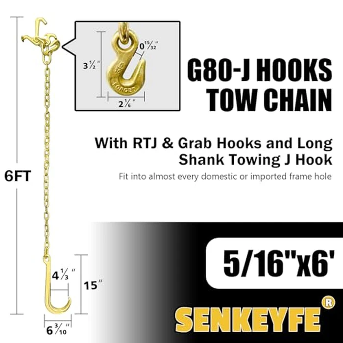 SENKEYFE G80 j Hooks Tow Chain, 5/16" x 6' Recovery Tow Hooks Chain 15IN J Hook w/RTJ & Grab Hook, 18800LBS Tow Truck Accessories J Hooks, Bridle Tow Transport Chain, Wrecker Towing Truck Equipment by SENKEYFE - Image 2