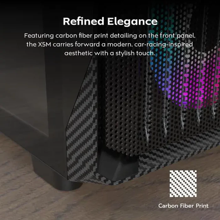MONTECH X5M - Micro ATX Gaming PC Case, High Airflow, 4x120mm ARGB Fans Pre-installed, Glass Side Panel, Carbon Fiber Print Accents, Black by Montech - Image 4