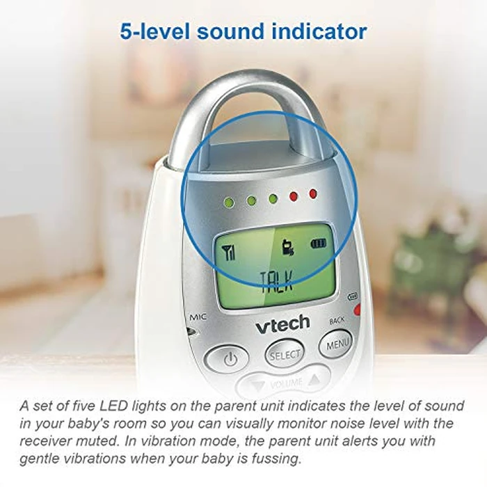VTech Communications DM221 Audio Baby Monitor with up to 1,000 ft of Range, Vibrating Sound-Alert, Talk Back Intercom & Night Light Loop, White/Silver by VTech - Image 2