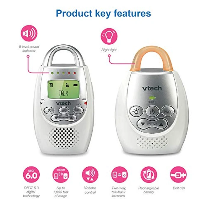 VTech Communications DM221 Audio Baby Monitor with up to 1,000 ft of Range, Vibrating Sound-Alert, Talk Back Intercom & Night Light Loop, White/Silver by VTech - Image 8