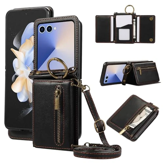 Compatible with Samsung Galaxy Z Flip 7 5G Wallet Case and Crossbody Shoulder Strap Ring Buckle Hinge Protection Stand Card Holder Phone Cover for ZFlip 7Z Z7 G Flip7 ZFlip7 Women Girls Men Black by Asuwish - Image 1