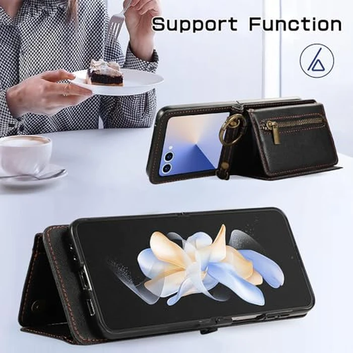 Compatible with Samsung Galaxy Z Flip 7 5G Wallet Case and Crossbody Shoulder Strap Ring Buckle Hinge Protection Stand Card Holder Phone Cover for ZFlip 7Z Z7 G Flip7 ZFlip7 Women Girls Men Black by Asuwish - Image 3