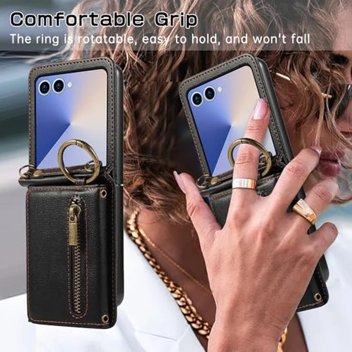 Compatible with Samsung Galaxy Z Flip 7 5G Wallet Case and Crossbody Shoulder Strap Ring Buckle Hinge Protection Stand Card Holder Phone Cover for ZFlip 7Z Z7 G Flip7 ZFlip7 Women Girls Men Black by Asuwish - Image 5