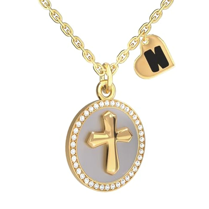 REGIS Cross Necklace for Women, 14K Gold Plated Round Cubic Zirconia Pendant with A-Z Initial Charms, Dainty Personalized Faith Jewelry Gift for Her (N, Gold) by REGIS - Image 1