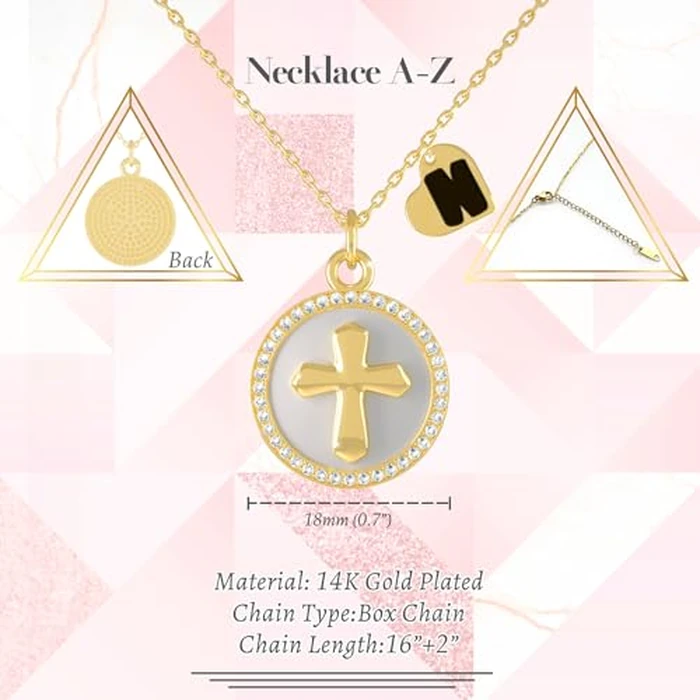 REGIS Cross Necklace for Women, 14K Gold Plated Round Cubic Zirconia Pendant with A-Z Initial Charms, Dainty Personalized Faith Jewelry Gift for Her (N, Gold) by REGIS - Image 2
