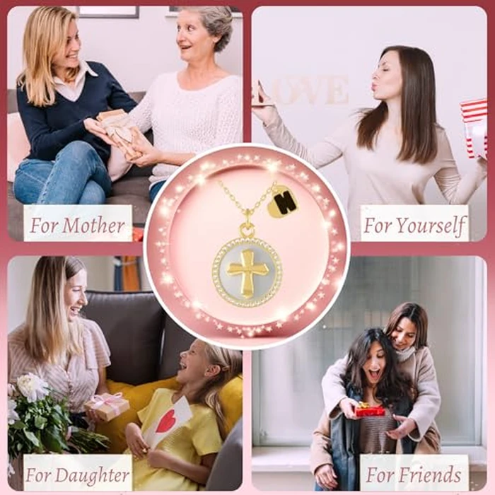 REGIS Cross Necklace for Women, 14K Gold Plated Round Cubic Zirconia Pendant with A-Z Initial Charms, Dainty Personalized Faith Jewelry Gift for Her (N, Gold) by REGIS - Image 4