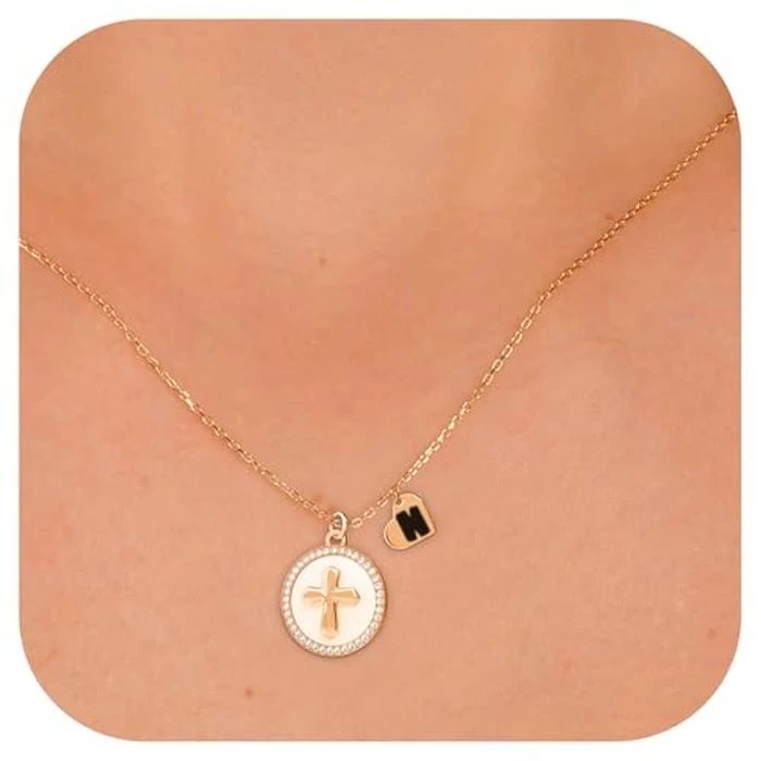 REGIS Cross Necklace for Women, 14K Gold Plated Round Cubic Zirconia Pendant with A-Z Initial Charms, Dainty Personalized Faith Jewelry Gift for Her (N, Gold) by REGIS - Image 7