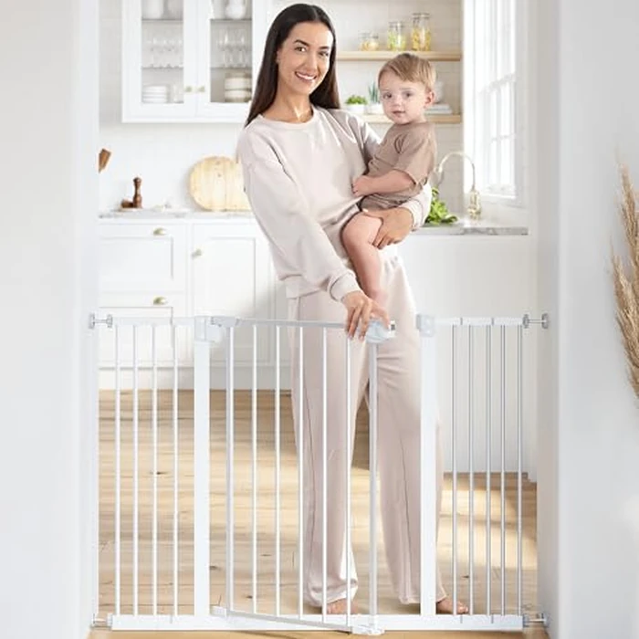 Comfy Cubs Adjustable Baby Gate - 3 Extensions 107 x 5 x 76 cm, Multipurpose Q195 Steel Stair Gate - Powder-Coated Stair Barrier, Walk Through Design for Kids & Pets, Fits Staircases - White by Comfy Cubs - Used - Acceptable condition