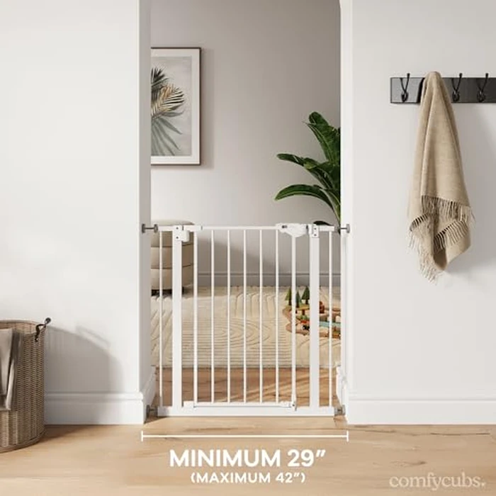Comfy Cubs Adjustable Baby Gate - 3 Extensions 107 x 5 x 76 cm, Multipurpose Q195 Steel Stair Gate - Powder-Coated Stair Barrier, Walk Through Design for Kids & Pets, Fits Staircases - White by Comfy Cubs - Image 2