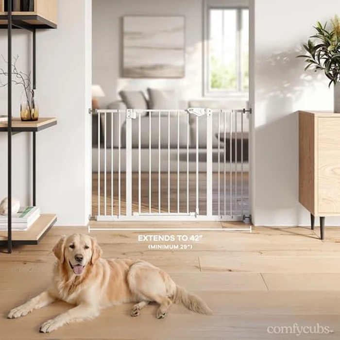 Comfy Cubs Adjustable Baby Gate - 3 Extensions 107 x 5 x 76 cm, Multipurpose Q195 Steel Stair Gate - Powder-Coated Stair Barrier, Walk Through Design for Kids & Pets, Fits Staircases - White by Comfy Cubs - Image 4