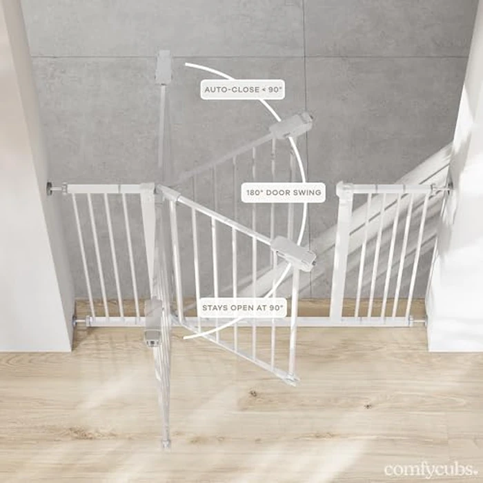 Comfy Cubs Adjustable Baby Gate - 3 Extensions 107 x 5 x 76 cm, Multipurpose Q195 Steel Stair Gate - Powder-Coated Stair Barrier, Walk Through Design for Kids & Pets, Fits Staircases - White by Comfy Cubs - Image 6