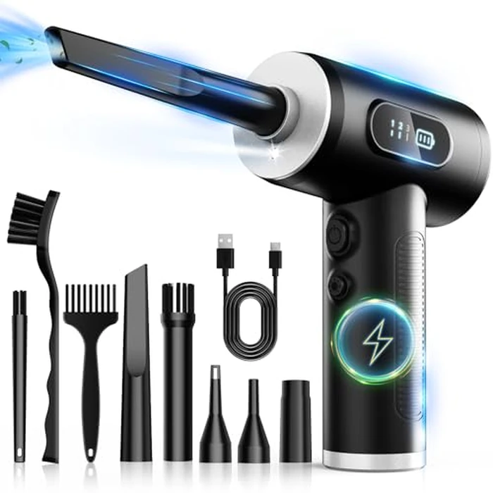 Compressed Air Duster-3 Gear Adjustable 100000RPM Electric Air Duster with LED Light, Rechargeable Cordless Air Blower for Keyboard Electric Devices Cleaning. Replaces Compressed Air Cans (Black) by FRESMOL - Image 1