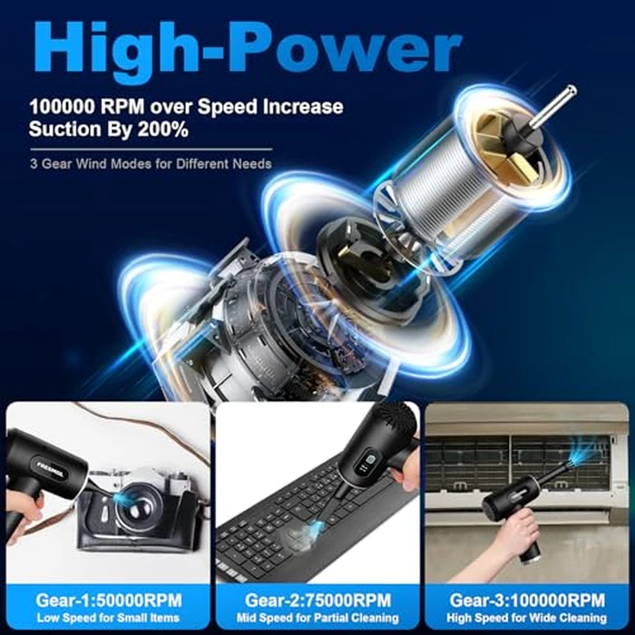 Compressed Air Duster-3 Gear Adjustable 100000RPM Electric Air Duster with LED Light, Rechargeable Cordless Air Blower for Keyboard Electric Devices Cleaning. Replaces Compressed Air Cans (Black) by FRESMOL - Image 2