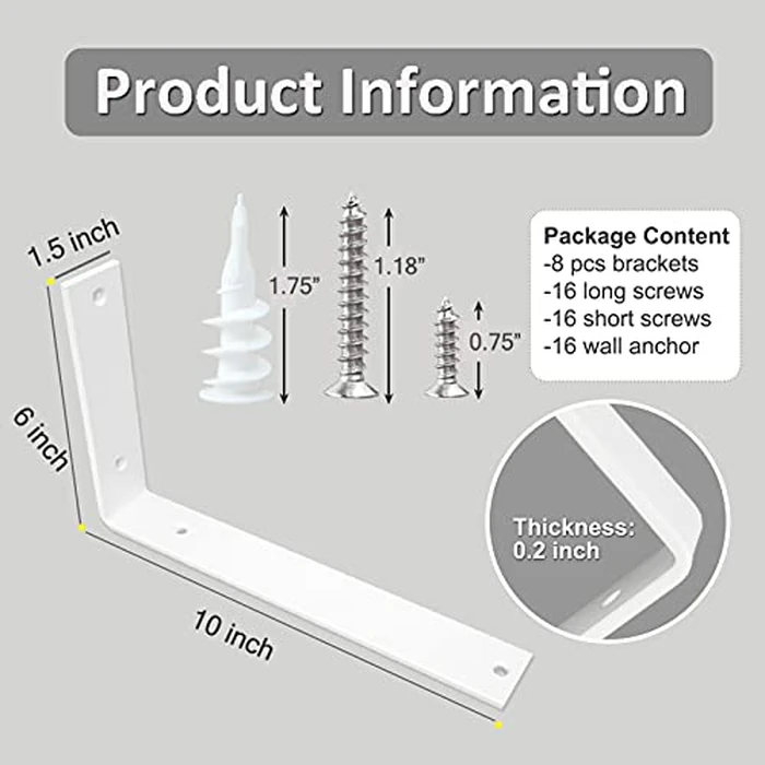 Shelf Brackets 10 Inch Wall L Brackets 8PCS Heavy Duty for Shelves Metal White Rustic Industrial Brackets for DIY Opening Shelves Project Hardware Included by WINKER - Image 2