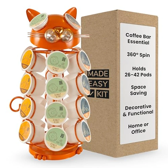 Made Easy Kit Carousel Coffee Pod Holder - Compatible with Keurig K-Pods K-Cups - Countertop 360 Spin Rack Storage Organizer - Revolving Base - Capsule Café Station Bar (Cat Orange, Small) by Made Easy Kit - Used - Like New condition