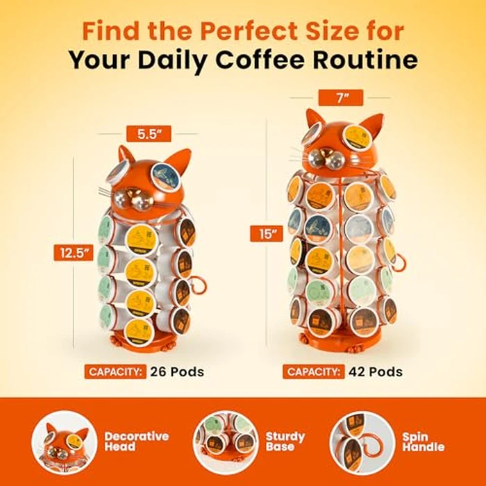 Made Easy Kit Carousel Coffee Pod Holder - Compatible with Keurig K-Pods K-Cups - Countertop 360 Spin Rack Storage Organizer - Revolving Base - Capsule Café Station Bar (Cat Orange, Small) by Made Easy Kit - Image 2