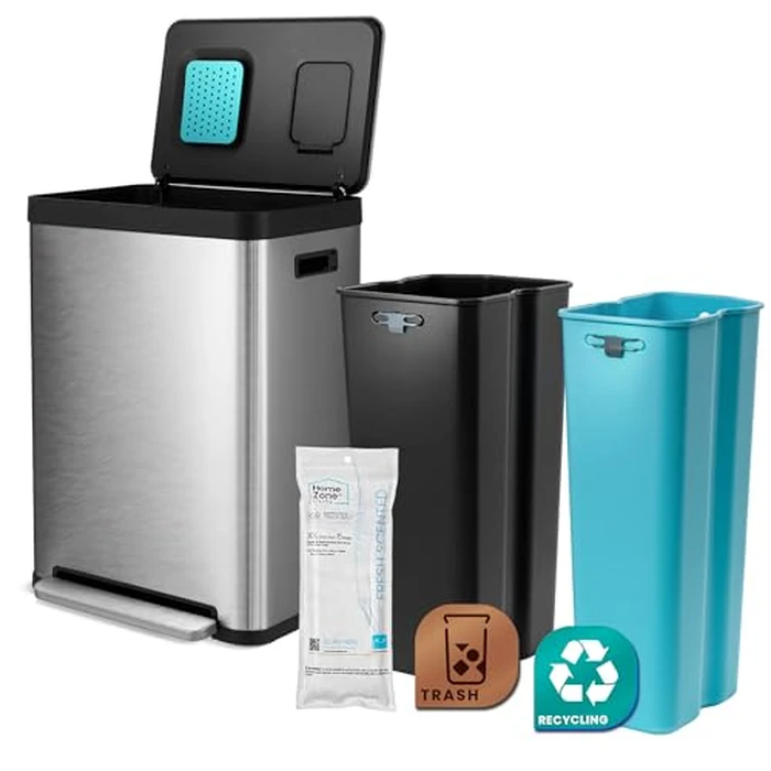 Home Zone Living 19 Gallon Kitchen Trash Can with Dual Compartments for Recycling, CleanAura Odor Control, Stainless Steel, Silver, 70 Liters Total, Gen 2 by Home Zone Living - Image 1