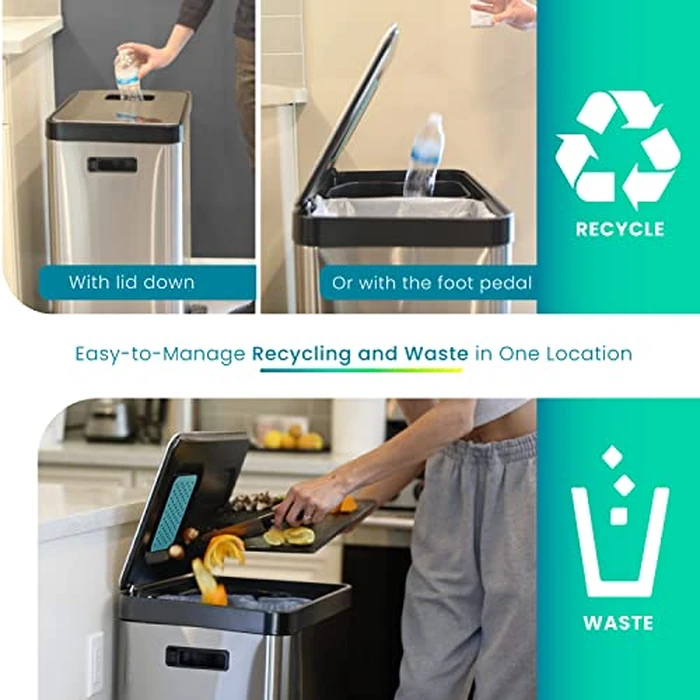 Home Zone Living 19 Gallon Kitchen Trash Can with Dual Compartments for Recycling, CleanAura Odor Control, Stainless Steel, Silver, 70 Liters Total, Gen 2 by Home Zone Living - Image 3