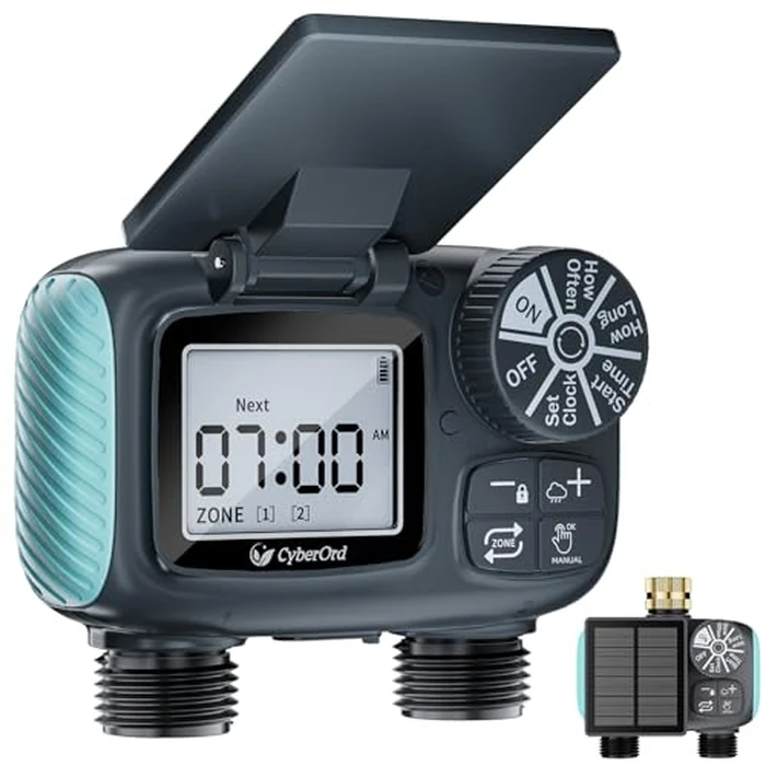 CyberOrd 2 Zone Solar Water Timer, Hose Timer with Solar Charging, Sprinkler Timers for Garden Hose with Auto/Manual/Rain Delay Modes, Digital Drip Irrigation System for Lawn/Patio/Garden by CyberOrd - Used - Very Good condition