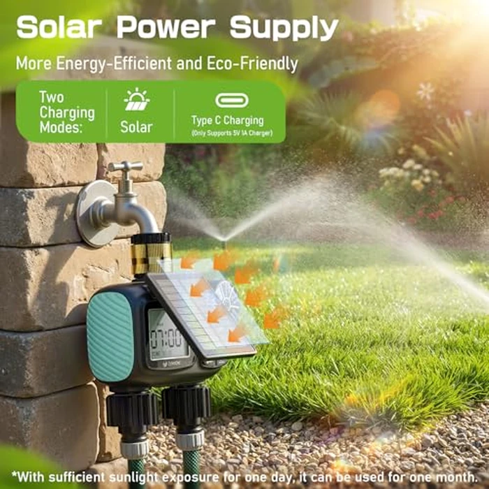 CyberOrd 2 Zone Solar Water Timer, Hose Timer with Solar Charging, Sprinkler Timers for Garden Hose with Auto/Manual/Rain Delay Modes, Digital Drip Irrigation System for Lawn/Patio/Garden by CyberOrd - Image 2