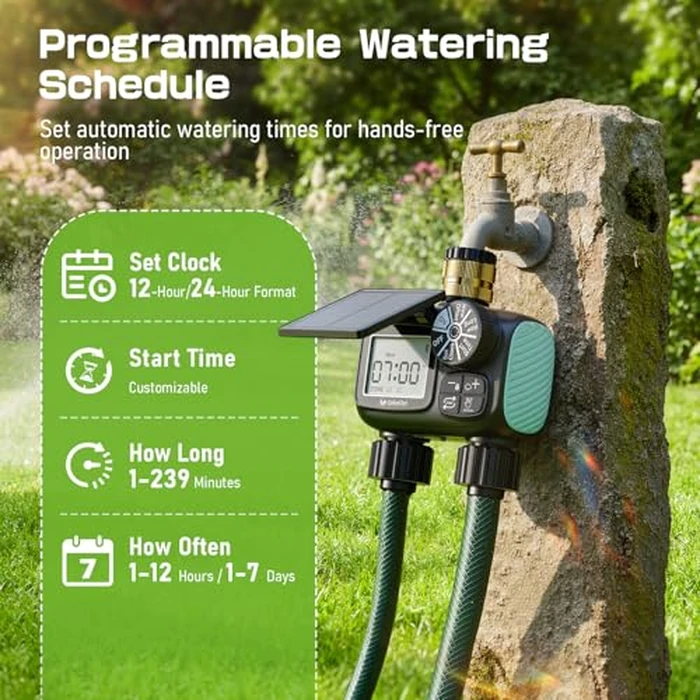 CyberOrd 2 Zone Solar Water Timer, Hose Timer with Solar Charging, Sprinkler Timers for Garden Hose with Auto/Manual/Rain Delay Modes, Digital Drip Irrigation System for Lawn/Patio/Garden by CyberOrd - Image 3