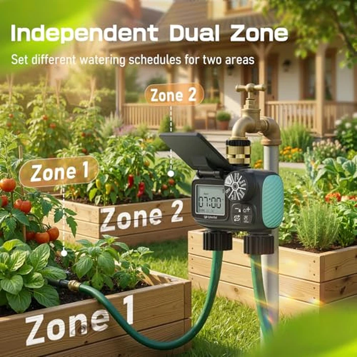 CyberOrd 2 Zone Solar Water Timer, Hose Timer with Solar Charging, Sprinkler Timers for Garden Hose with Auto/Manual/Rain Delay Modes, Digital Drip Irrigation System for Lawn/Patio/Garden by CyberOrd - Image 4