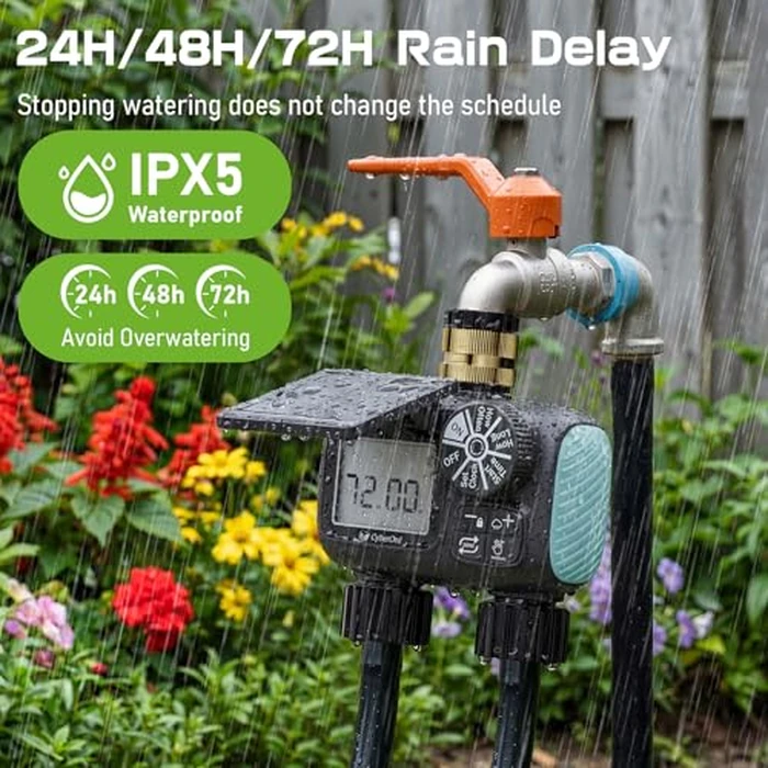 CyberOrd 2 Zone Solar Water Timer, Hose Timer with Solar Charging, Sprinkler Timers for Garden Hose with Auto/Manual/Rain Delay Modes, Digital Drip Irrigation System for Lawn/Patio/Garden by CyberOrd - Image 5