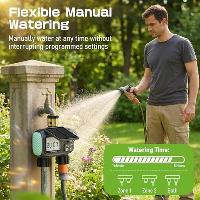 CyberOrd 2 Zone Solar Water Timer, Hose Timer with Solar Charging, Sprinkler Timers for Garden Hose with Auto/Manual/Rain Delay Modes, Digital Drip Irrigation System for Lawn/Patio/Garden by CyberOrd - Image 6