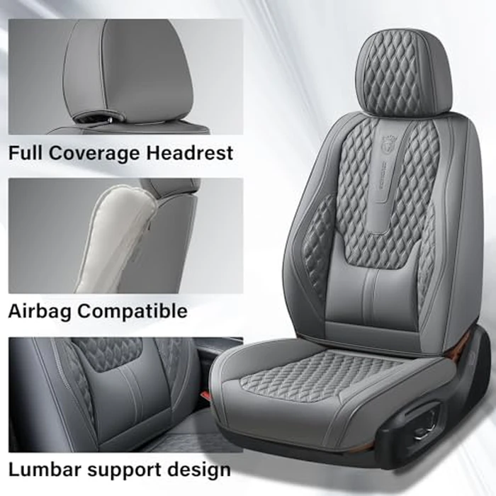 Coverado Car Seat Covers Full Set, Nappa Leather Seat Covers for Car, Waterproof Car Seat Protector with Lumbar Support, Automotive Seat Covers Universal Fit for Most Cars SUV Trucks (Gray) by Coverado - Image 3