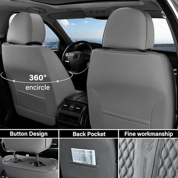 Coverado Car Seat Covers Full Set, Nappa Leather Seat Covers for Car, Waterproof Car Seat Protector with Lumbar Support, Automotive Seat Covers Universal Fit for Most Cars SUV Trucks (Gray) by Coverado - Image 4