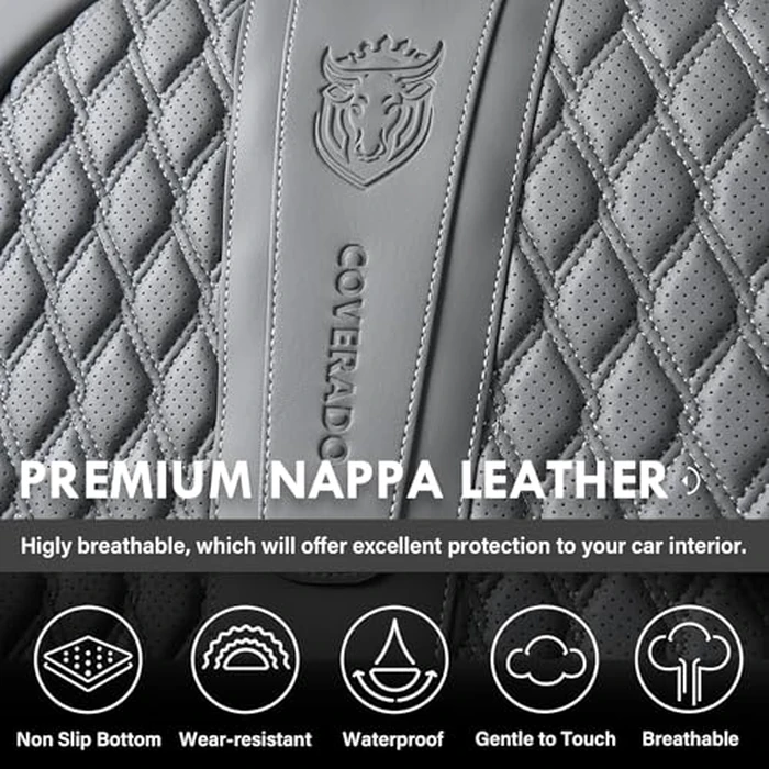 Coverado Car Seat Covers Full Set, Nappa Leather Seat Covers for Car, Waterproof Car Seat Protector with Lumbar Support, Automotive Seat Covers Universal Fit for Most Cars SUV Trucks (Gray) by Coverado - Image 6