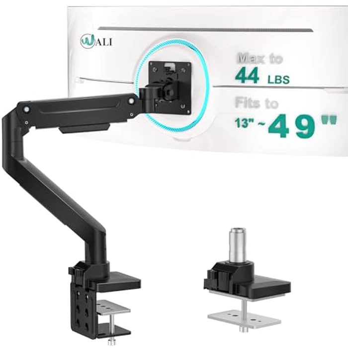 WALI Ultrawide Single Monitor Arm for 13-49 Inch Heavy Duty Curved Screens, up to 44 Lbs, Adjustable Single Monitor Desk Mount with C-Clamp, Grommet Base, 75/100mm VESA (GSM001XL), Black by WALI - Used - Very Good condition - US$42.38