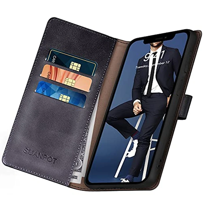SUANPOT for iPhone 13 Pro Max 6.7" RFID Blocking Wallet case Credit Card Holder,Flip Book PU Leather Phone case Shockproof Cover Cellphone Women Men for Apple iPhone 13 ProMax case Wallet (Black) by SUANPOT - Image 5