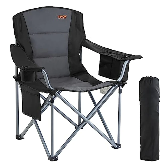 VEVOR Oversized Camping Folding Chair, Portable Heavy Duty Outdoor Quad Lumbar Back Padded with Side Pockets, Cup Holder and Cooler Bag for Beach, Lawn, Picnic, Fishing, Backpacking, Black by VEVOR - Used - Very Good condition - US$31.50