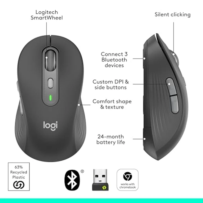 Logitech Signature Plus M750 L Wireless Mouse - for Large Hands, SmartWheel, Bluetooth, Multi Device, 24-Month Battery, Silent Clicks, Customizable Side Buttons, Contoured Shape - Graphite by Logitech - Image 7