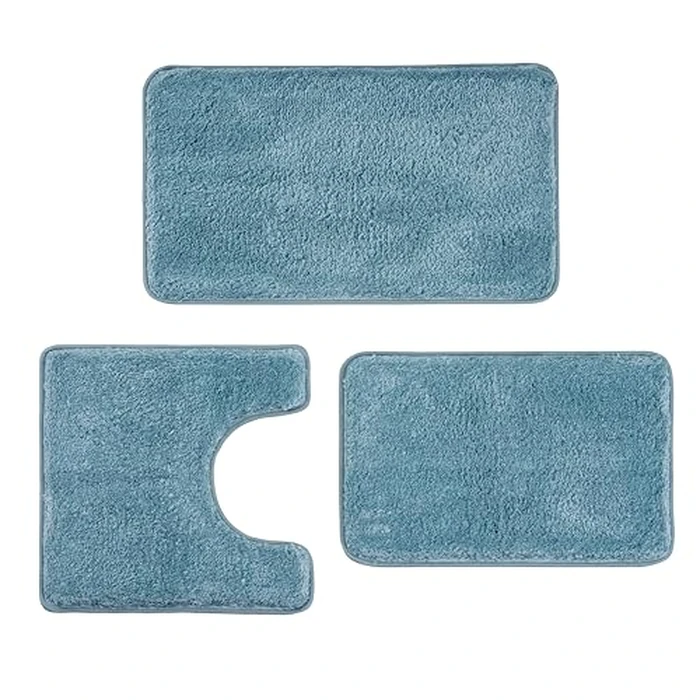 3 Pieces Luxury Bathroom Rug Set with U-Shaped Toilet Rug, Non-Slip Rubber Bottom, Thick Microfiber Fluffy Plush, Water absorption, Quick Dry, Ultra Soft, Bath Mats for Bathroom, Tub(Lake Blue) by WCBSTT - Used - Like New condition - US$35.59