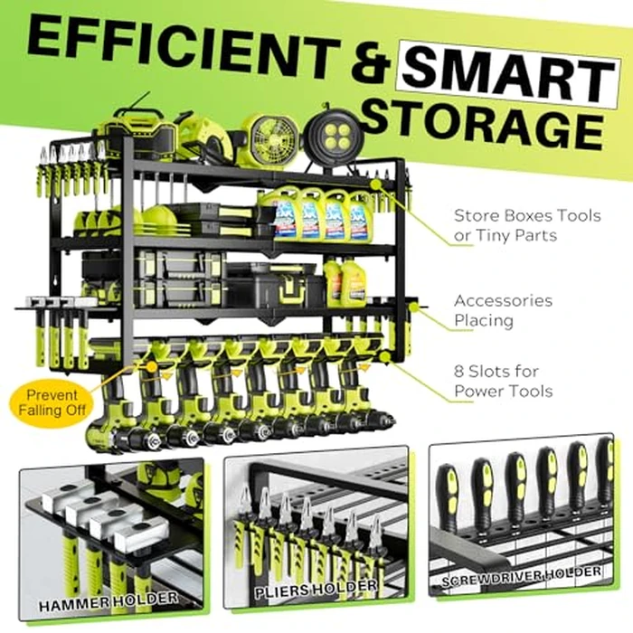 Large Power Tool Organizer Wall Mount, Garage Storage Cordless Tool Organizer with Screwdriver Holder, Heavy Duty Metal Storage Rack with 8 Drill Holder 4 Layer, Gifts for Men Who Have Everything by Hipidian - Image 3