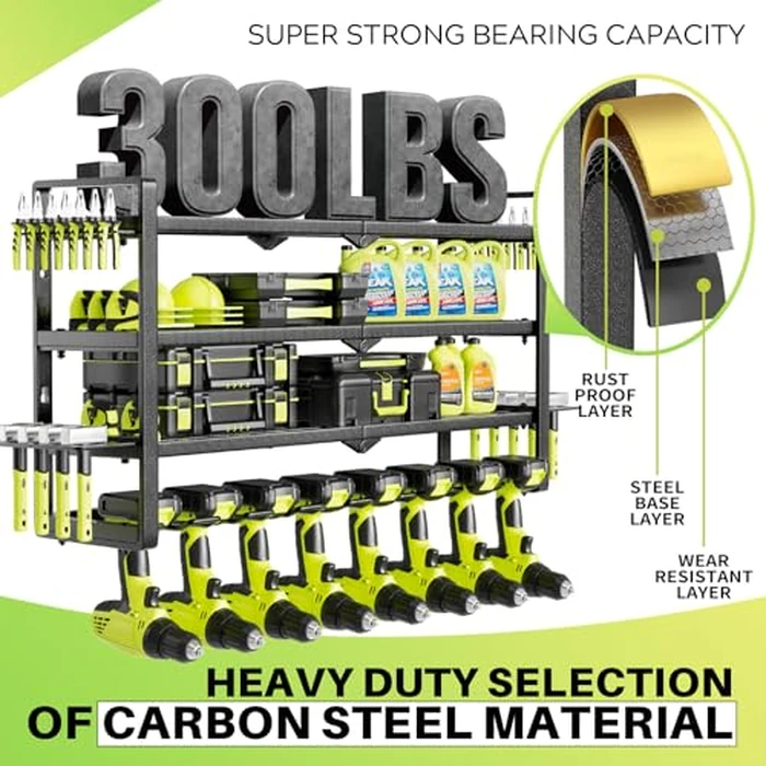 Large Power Tool Organizer Wall Mount, Garage Storage Cordless Tool Organizer with Screwdriver Holder, Heavy Duty Metal Storage Rack with 8 Drill Holder 4 Layer, Gifts for Men Who Have Everything by Hipidian - Image 4