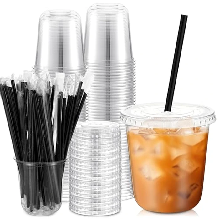 Ziliny 50 Set Clear Plastic Cups with Lids and Straws, PET Disposable Iced Coffee Cups for Drinking Cold Beverage Juice Parfait Smoothie Milkshake Shop Party Supplies (Clear Cup,Black Straw,12 oz) by Ziliny - Used - Very Good condition