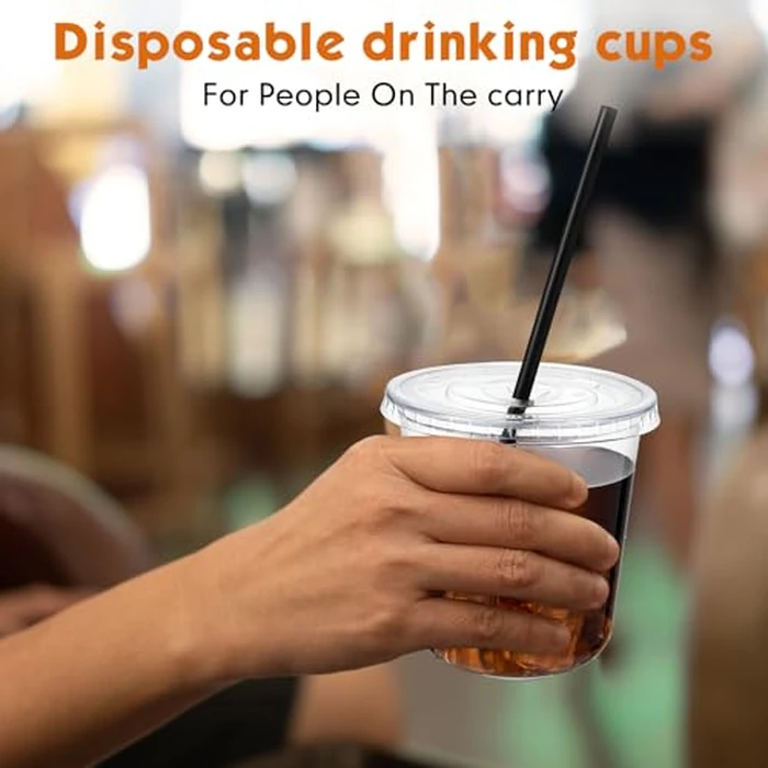 Ziliny 50 Set Clear Plastic Cups with Lids and Straws, PET Disposable Iced Coffee Cups for Drinking Cold Beverage Juice Parfait Smoothie Milkshake Shop Party Supplies (Clear Cup,Black Straw,12 oz) by Ziliny - Image 5
