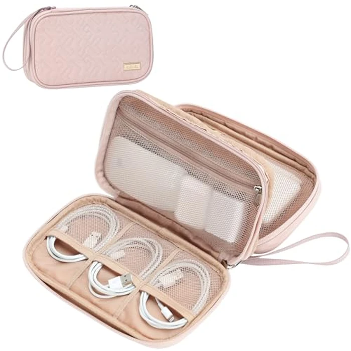 NISHEL Travel Cord Organizer Case, Double Layers Tech Electronic Bag, Essentials for Charger, Cable, Phone, Flash drive, Medium, Pink by NISHEL - Used - Very Good condition - US$6.54